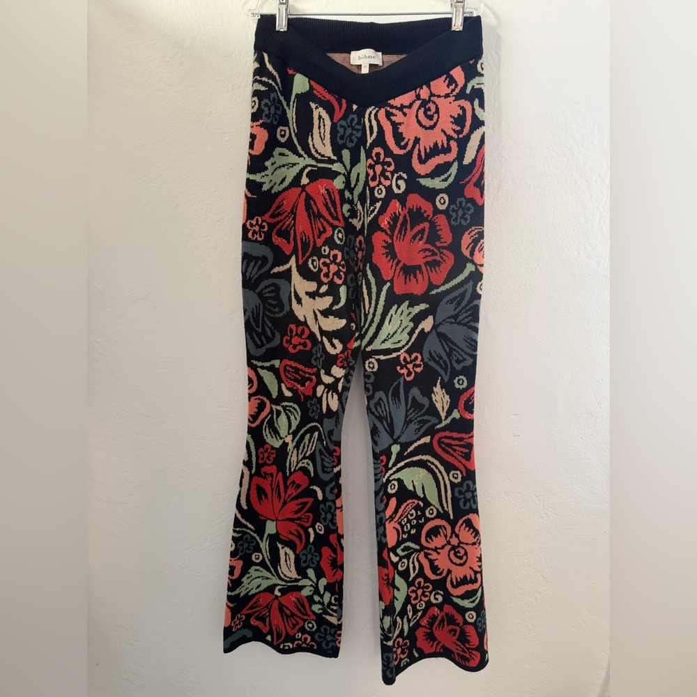 Böhme Floral Intarsia Knit Flare Leg Pants Black Red Teal Size Medium